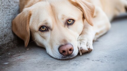 Poster - Gentle yellow labrador dog resting on the floor with soulful eyes : Generative AI