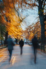 Poster - Dynamic autumn scene with blurred figures walking through golden foliage in city park : Generative AI