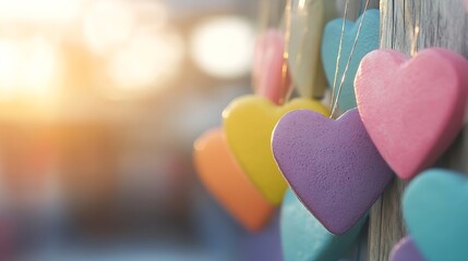 Poster - Colorful Heart Decorations for Celebrations in Soft Light Background : Generative AI