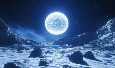 Wall Mural - Full moon over a desolate, icy, mountainous landscape.