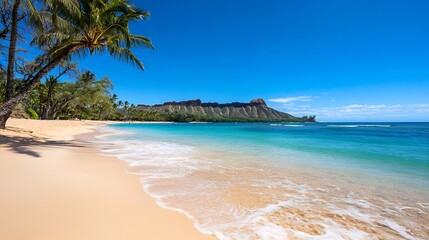 Poster - Stunning tropical beach landscape with palm trees and sapphire blue waters under clear sky : Generative AI