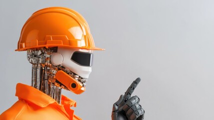 Wall Mural - A robotic construction worker in an orange hard hat and shirt points, emphasizing safety and technology in modern construction.