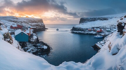 Sticker - Scenic winter sunset over a snow-covered fishing village nestled between dramatic cliffs and a calm bay with boats.