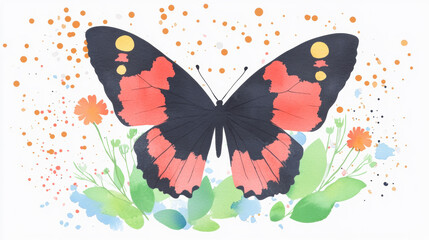 Wall Mural - After raining, A butterfly rests on a wet leaf, showcasing its dotted wings in high fidelity detail.