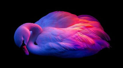 Wall Mural - vibrant neon-lit swan isolated on black background.