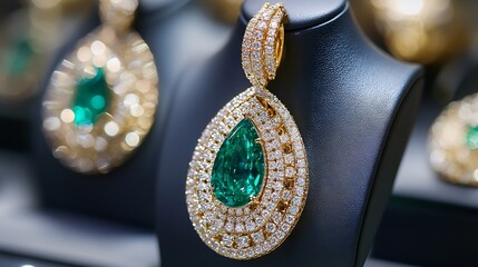 Poster - Glamorous gold emerald earrings sparkling with diamonds displayed elegantly on a jewelry stand : Generative AI