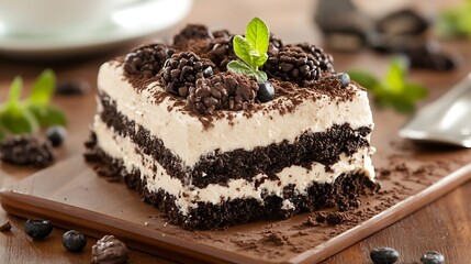 Poster - Delicious and Creamy Blackberry Cake Layered with Chocolate and Topped with Fresh Mint Leaves : Generative AI