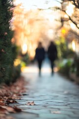 Poster - Blurred scene of two people walking on a stone pathway amidst autumn leaves creating a peaceful ambiance : Generative AI