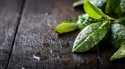 Poster - Close Up of Fresh Mint Leaves with Water Droplets on Dark Wooden Surface : Generative AI