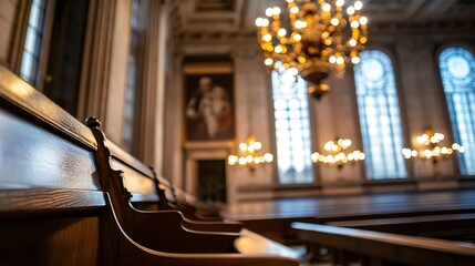 Wall Mural - Elegant Interior of Historic Hall with Intricate Chandelier and Wooden Benches : Generative AI