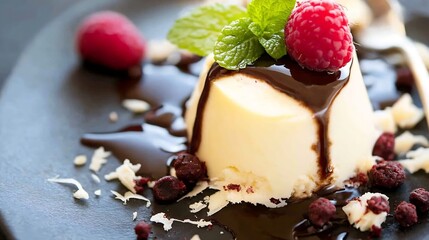 Aufkleber - Delicious panna cotta dessert topped with fresh berries and chocolate sauce on a dark plate : Generative AI