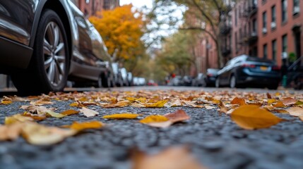 Poster - Autumn Leaves on a City Street Surrounded by Cars and Trees : Generative AI