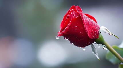 Poster - Fresh Red Rose with Water Drops on Petals Captured in Soft Focus : Generative AI