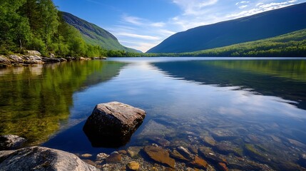 Poster - Tranquil Mountain Lake Reflecting Vibrant Blue Sky and Lush Green Forest in Beautiful Nature Scene : Generative AI