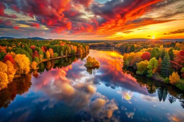 Wall Mural - Autumn Sunset Reflection: Serene Lake with Symmetrical Trees, Ideal for Nature Blogs & Travel