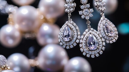 Poster - Elegant Close Up Of Sparkling Jewelry With Pearls And Diamonds In Focus : Generative AI