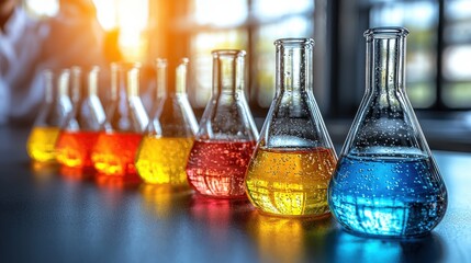 Poster - Colorful glass bottles arranged in a bright laboratory setting with various scientific equipment