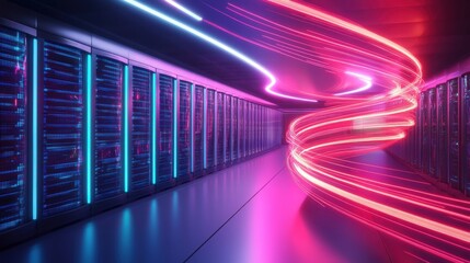 Poster - Server room with numerous servers and abstract neon data streams in a futuristic setting