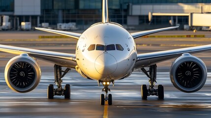 Poster - Modern airplane parked on tarmac ready for takeoff symbolizing travel and adventure : Generative AI