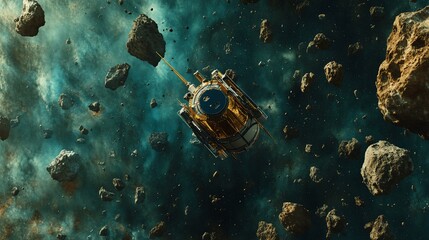 Wall Mural - spacecraft navigating asteroid field, cosmic dust and rocks.
