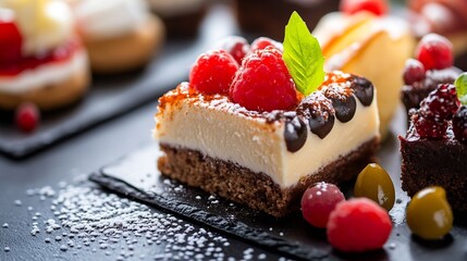 Poster - Tempting slice of cheesecake topped with fresh raspberries and mint leaves on a dark presentation plate : Generative AI