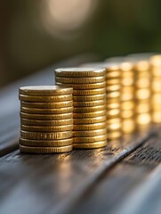 Poster - Stacks of Shiny Gold Coins on Wooden Surface Reflecting Natural Light : Generative AI