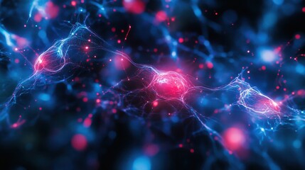 Poster - Cybersecurity data streams flowing through a blue and red background with bright light effects
