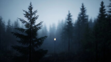 Aufkleber - Mysterious Foggy Forest Scene with Pine Trees and Soft Lighting Creating a Serene Atmosphere : Generative AI