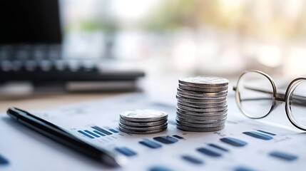 Poster - Stack of Coins on Financial Reports with Calculators and Office Supplies : Generative AI