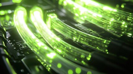 Poster - Neon Green Data Cables: Close-up view of glowing neon green data cables snaking across a circuit board, creating an abstract image of technological advancement and digital flow.