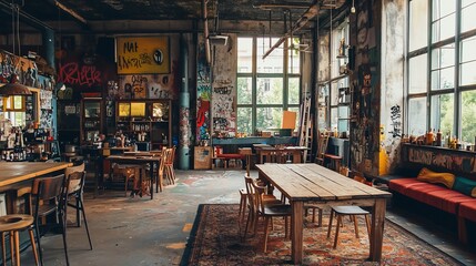 Poster - Rustic industrial cafe interior with graffiti, large windows, wooden tables, chairs, and eclectic decor.