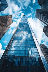 Wall Mural - Skyscraper Reflection Against Dramatic Blue Sky with Clouds Above in Urban Cityscape : Generative AI