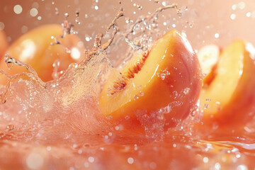 Peaches falling into clear water, creating ripples, with vibrant colors and bright sunlight reflecting on the surface.