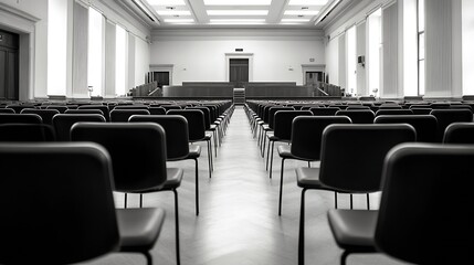 Poster - Modern Empty Courtroom Interior with Rows of Chairs and Bright Natural Lighting : Generative AI