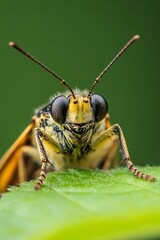 Aufkleber - Close Up of a Colorful Insect with Large Eyes Resting on a Leaf Against a Soft Green Background : Generative AI