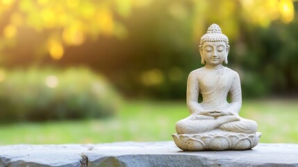 Poster - Serene Buddha Statue Sitting Peacefully on a Stone in a Lush Garden Setting : Generative AI