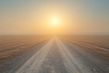 empty road cutting through vast desert; sun beating down on endless sand dunes under clear blue sky.
