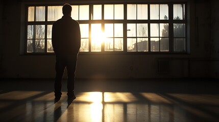 Aufkleber - Silhouette of a Man Standing in a Sunlit Room Reflecting Solitude and Contemplative Mood with Dramatic Light : Generative AI