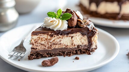 Poster - Delicious Slice of Chocolate Cake Topped with Whipped Cream and Nuts on a Plate : Generative AI
