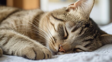 Poster - Sleepy Tabby Cat Relaxing on a Soft Surface Captured in Natural Light : Generative AI