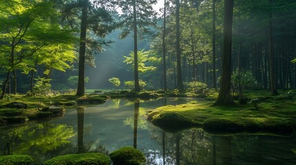 Aufkleber - Lush Green Forest Reflection at Dawn with Serene Water and Bright Sunlight : Generative AI