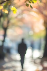 Poster - Mysterious figure walking along a blurred pathway surrounded by autumn foliage : Generative AI