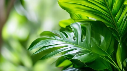 Poster - Close up of lush green monstera leaves with soft light background : Generative AI