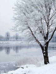 Poster - Winter Wonderland Scene with Frosted Tree Reflected in Still Water : Generative AI