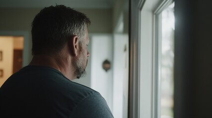 Poster - Thoughtful Man Looking Out the Window in Natural Light with a Pensive Expression : Generative AI