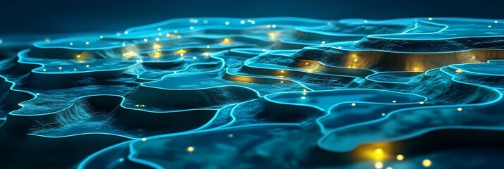 Wall Mural - abstract glowing blue landscape with textured surface and scattered lights.