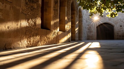 Fototapete - Golden Sunlight Streaming Through Ancient Stone Archway Creating Striking Shadow Patterns : Generative AI