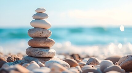 Aufkleber - Calm Beach Scene with Stack of Smooth Pebbles on a Shore with Gentle Waves in the Background : Generative AI