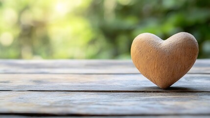 Poster - Natural Wooden Heart on Rustic Table Reflecting Love and Warmth in Outdoor Setting : Generative AI