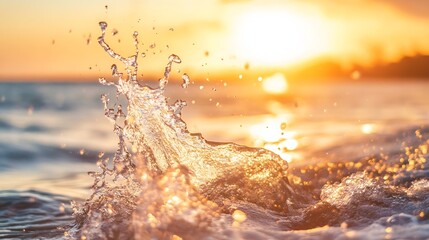 Poster - Vibrant Water Splashing at Sunset with Golden Sunlight and Ocean Waves Creating Beauty : Generative AI